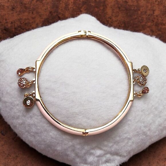 Pink Purple Rhinestone Gold Tone Dangle Clamper Bangle Bracelet NWOT - Picture 3 of 4